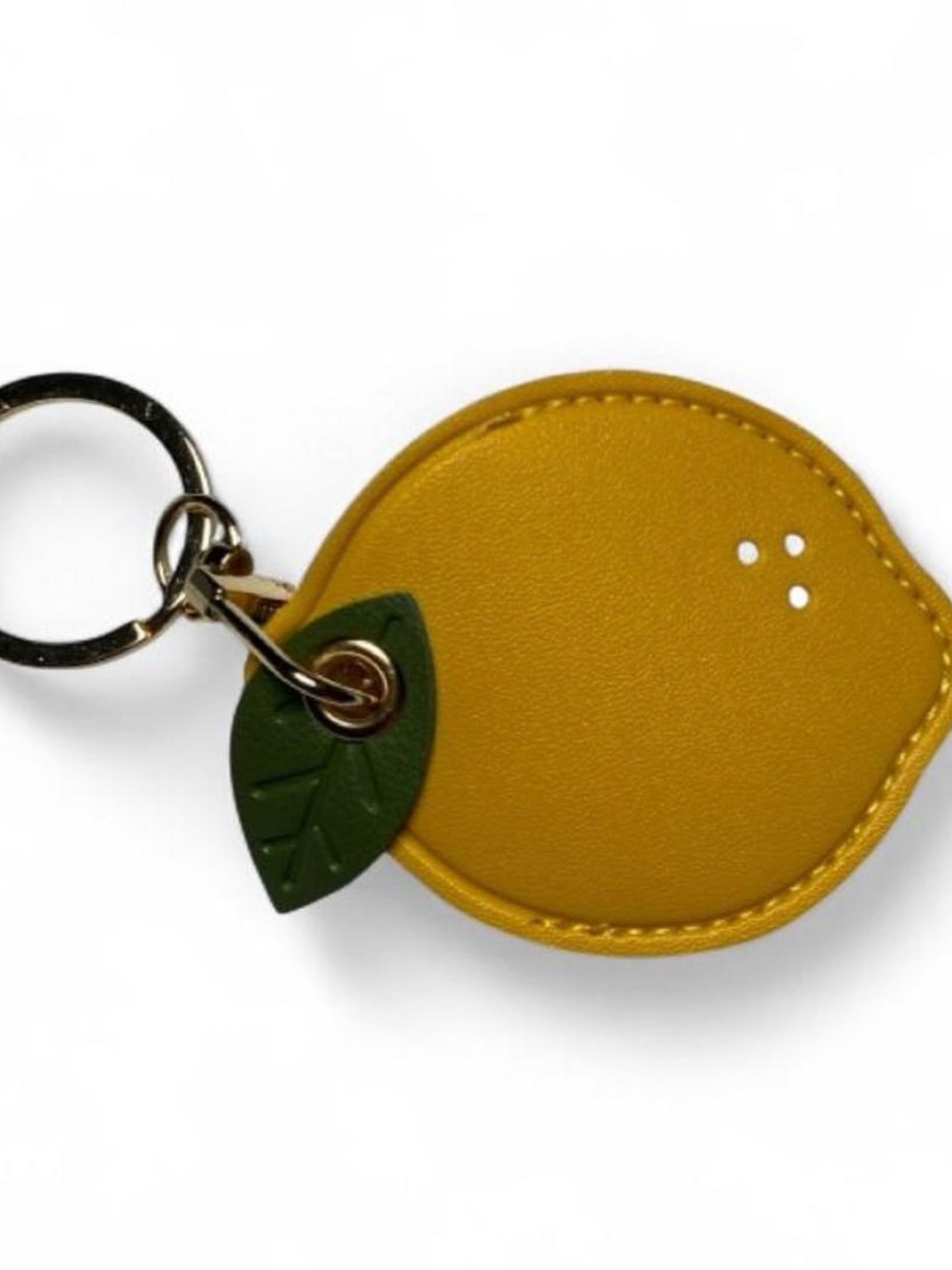 Yellow Lemon-Shaped Leather Keychain with Green Leaf